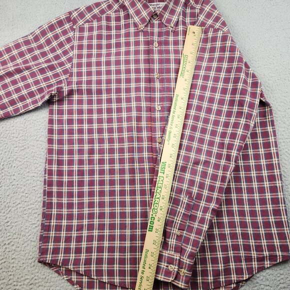 Vtg Wrangler Button Shirt Mens Medium Rugged Wear Brick Red Plaid Sawtooth Rodeo - Picture 8 of 11